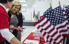 UNITED STATES - MARCH 5 - Heidi Cruz, wife of Republican presidential candidate Sen. Ted Cruz, meets with a campaign volunteer at the Chatham County GOP Convention, at Horton Middle School in Pittsboro, N.C., Saturday, March 5, 2016. (Photo By Al Drago/CQ Roll Call)