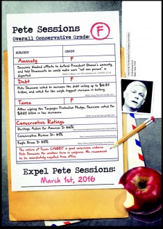 A campaign mail piece that has been deployed against Sessions in his district.