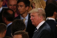SIMI VALLEY, CA - SEPTEMBER 16: Republican presidential candidate Donald Trump pauses after the presidential debate at the Reagan Library on September 16, 2015 in Simi Valley, California. Fifteen Republican presidential candidates are participating in the second set of Republican presidential debates. (Photo by Justin Sullivan/Getty Images)