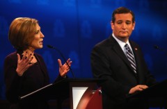 BOULDER, CO - OCTOBER 28: Presidential candidate Carly Fiorina (L) speaks while Sen. Ted Cruz (R-TX) looks on during the CNBC Republican Presidential Debate at University of Colorados Coors Events Center October 28, 2015 in Boulder, Colorado. Fourteen Republican presidential candidates are participating in the third set of Republican presidential debates. (Photo by Justin Sullivan/Getty Images)