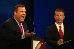 BOULDER, CO - OCTOBER 28: Presidential candidate New Jersey Gov. Chris Christie (L) speaks while Sen. Rand Paul (R-KY) looks on during the CNBC Republican Presidential Debate at University of Colorados Coors Events Center October 28, 2015 in Boulder, Colorado. Fourteen Republican presidential candidates are participating in the third set of Republican presidential debates. (Photo by Justin Sullivan/Getty Images)