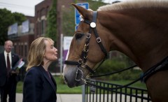 Hassan ignored a question from CQ Roll Call about her 2016 plans to greet two mounted police officers in Dover, N.H. (Bill Clark/CQ Roll Call)