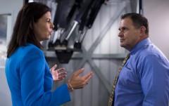 Ayotte speaks with Michael Fortier, president of Mikrolar Inc., during her tour of the robotics company in Hampton. (Bill Clark/CQ Roll Call)