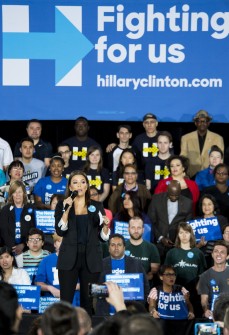UNITED STATES - FEBRUARY 19: Actress and businesswoman Eva Longoria speaks to the crowd during the Hillary Clinton campaign rally at the Clark County Government Center Amphitheater in Las Vegas on Friday night, Feb. 19, 2016, one day before the Nevada Democrats' presidential caucus. (Photo By Bill Clark/CQ Roll Call)