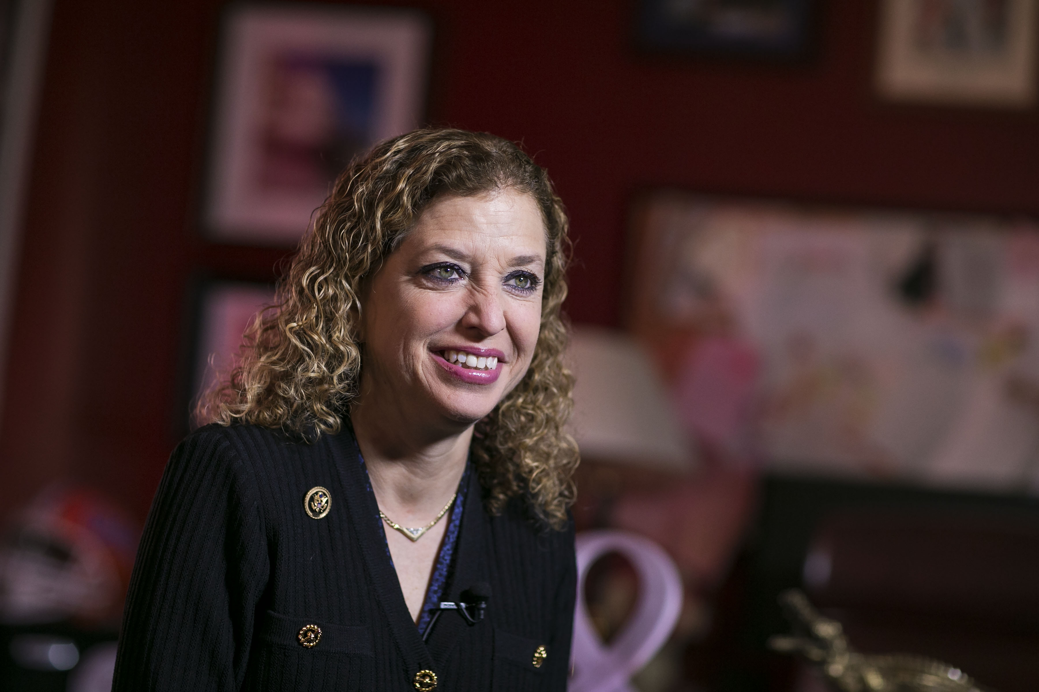 UNITED STATES - FEB. 10 - Democratic National Committee Chairman Debbie Wasserman Schultz, D-Fla., speaks during an interview in her office on Capitol Hill in Washington, on Wednesday, Feb. 10, 2016. Schultz is a Breast Cancer survivor since 2008. (Photo By Al Drago/CQ Roll Call)