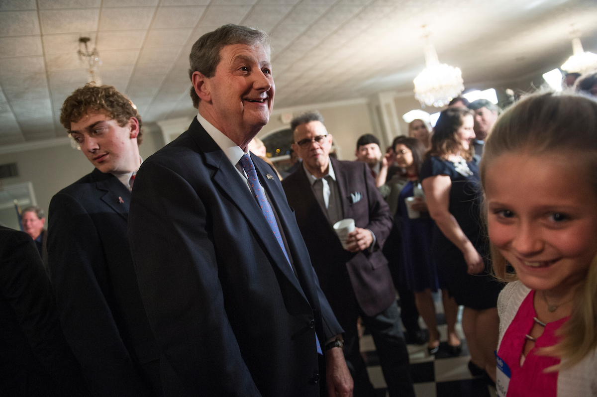 John Kennedy, Republican candidate for the U.S. Senate from Louisiana, greets Emma Folse, 10, after announcing he advanced to a runoff election during an election night party at the White Oak Plantation in Baton Rouge, La., Nov. 8, 2016. (Tom Williams/CQ Roll Call)