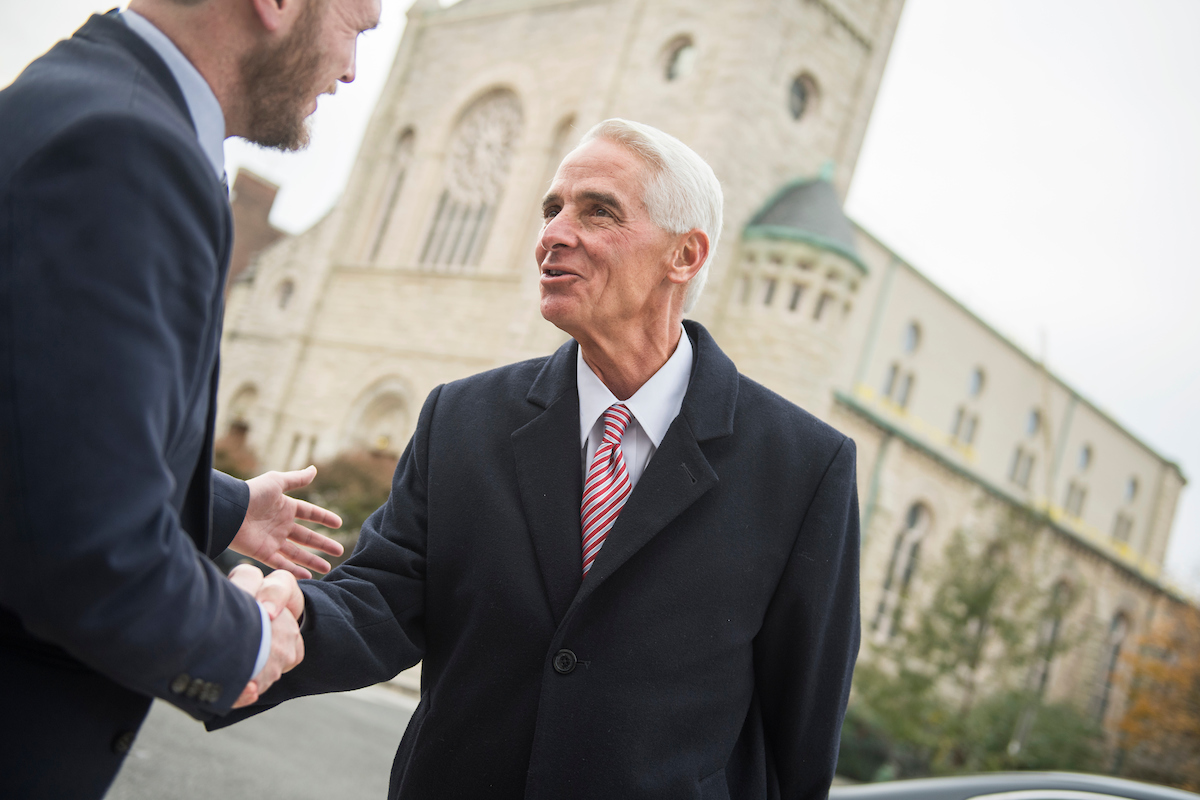 Former Florida Gov. Charlie Christ, now a Democrat., arrives to the Capitol Hill Hotel. He will represent the state's 13th District. (Tom Williams/CQ Roll Call)