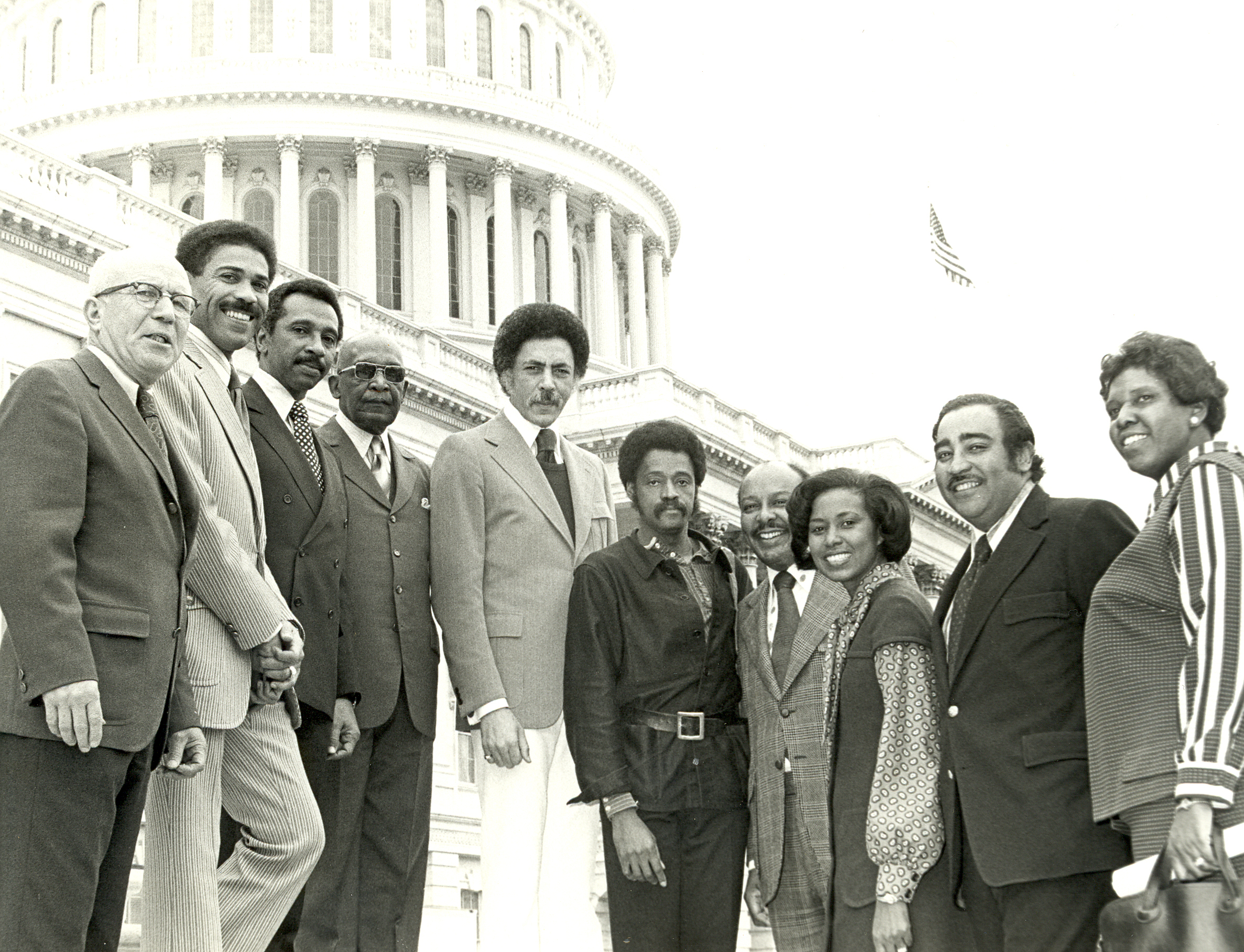UNITED STATES: File photo - Congressional Black Caucus Members with Actor Melvin Van Peebles outside the U.S. Capitol. Left to Right: Rep. Augustus Hawkins (D-Calif.); Rep. William Clay, Sr. (D-Mo.); Rep. Parren Mitchell (D-Md.); Rep. Robert Nix, Sr. (D-Pa.); Rep. Ronald Dellums (D-Calif.); Melvin Van Peebles; Rep. Louis Stokes (D-Ohio); Rep. Yvonne B. Burke (D-Calif.); Rep. Charles Rangel (D-N.Y.); and Rep. Barbara Jordan (D-Texas) (Photo courtesy of the Moorland-Springarn Research Center, Howard University).