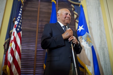 World War II veteran John R. Pedevillano, 93, U.S. Air Force (Ret.), attends a ceremony in Russell Building where he received a Presidential Unit Citation with one Oak Leaf Cluster, July 7, 2015. 2nd Lt. Pedevillano of the U.S. Army Air Corps, served in the 306th Bomb Group as a bombardier and flew six missions before being shot down and taken prisoner by the Nazis. (Photo By Tom Williams/CQ Roll Call)