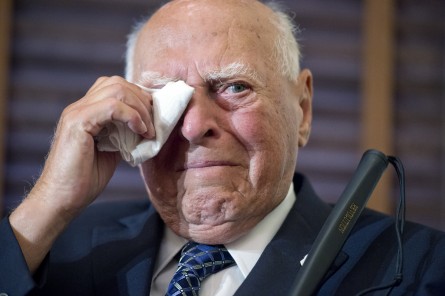 UNITED STATES - JULY 7: World War II veteran John R. Pedevillano, 93, U.S. Air Force (Ret.), attends a ceremony in Russell Building where he received a Presidential Unit Citation with one Oak Leaf Cluster, July 7, 2015. 2nd Lt. Pedevillano of the U.S. Army Air Corps, served in the 306th Bomb Group as a bombardier and flew six missions before being shot down and taken prisoner by the Nazis. (Photo By Tom Williams/CQ Roll Call)