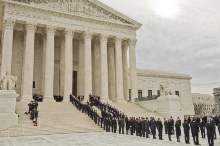 UNITED STATES - FEBRUARY 19: The casket containing the body of Justice Antonin Scalia, who passed away over the weekend, is carried into the Supreme Court to lie repose, February 19, 2016, before his burial tomorrow. His former law clerks served as honorary pallbearers. (Photo By Tom Williams/CQ Roll Call)