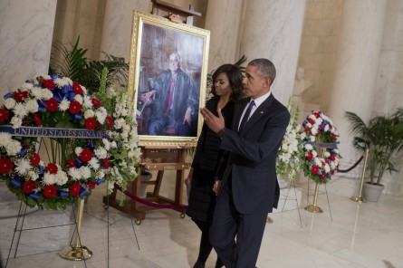 UNITED STATES - FEBRUARY 19: President Barack Obama and First Lady Michelle Obama view a portrait of the late Justice Antonin Scalia as he lies in repose in the Supreme Court, February 19, 2016, ahead of his burial tomorrow. (Photo By Tom Williams/CQ Roll Call)