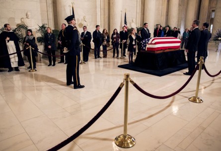 UNITED STATES - FEB. 19 - Members of the public pass through the Great Hall of the Supreme Court as they pay their respects to the late Justice Antonin Scalia, in Washington, Friday, Feb. 19, 2016. (Photo By Al Drago/CQ Roll Call)