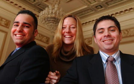 Psaki, center, in a picture taken in 2005 for Roll Call's Hill Climbers. With Shawn Hodjati, left, and Carlos Sanchez, then-staffers for Rep. Joseph Crowley. (CQ Roll Call File Photo)