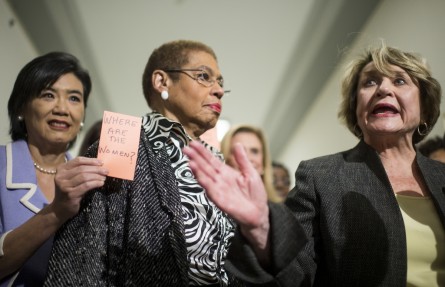 From left, Rep. Judy Chu, Del. Eleanor Holmes Norton, and Rep. Louise M. Slaughter, D-N.Y., participate in a news conference outside of the House Judiciary Committee on Wednesday to protest the House Judiciary Committee markup of legislation to restrict abortion funding. (Bill Clark/CQ Roll Call)
