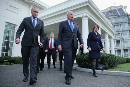 Senate Judiciary Committee members (L-R)Charles E. Schumer Ranking Member Patrick J. Leahy (D-VT) and Sen. Amy Klobuchar walk to meet reporters at the White House on Thursday. (Photo by Chip Somodevilla/Getty Images)