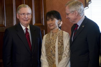 McConnell and Senate Majority Leader Harry Reid, D-Nv., met Daw Aung San Suu Kyi (C), Chair of the National League for Democracy and Member of Parliament from Kawhmu Constituency in Burma. Kyi received a Congressional Gold Medal for her efforts to bring democracy to Burma. (Photo By Chris Maddaloni/CQ Roll Call)