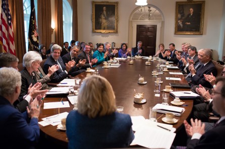 Sebelius cheered during a Cabinet meeting on Sept. 30, 2013, the day before the disastrous launch of Healthcare.gov. (Official White House Photo by Pete Souza)