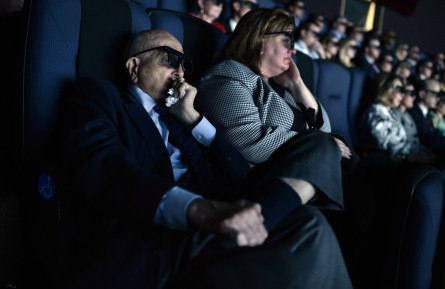 Dingell, left, himself a World War II veteran, was donned the 3-D glasses for the movie. (Tom Williams/CQ Roll Call)