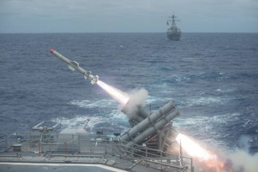 A Harpoon missile is launched from the Ticonderoga-class cruiser USS Shiloh during a live-fire exercise in 2014. (U.S. Navy photo by Mass Communication Specialist 3rd Class Kevin V. Cunningham/Released)