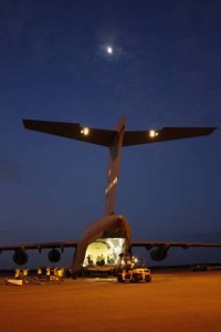The GPS IIF-10 satellite is loaded on a C-17 Globemaster III for transport to Cape Canaveral Air Force Station in Florida.