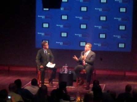 Arnold Schwarzengger on stage at the Hamilton Live