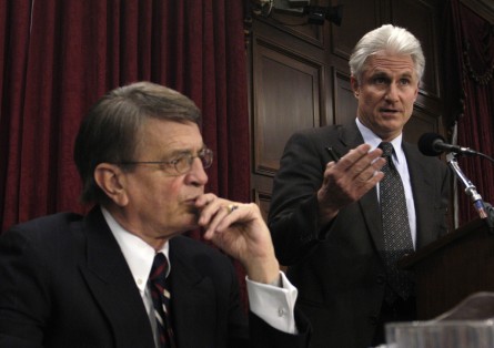 Former Rep. Charles Wilson, D-Texas (left), was given a retirement roast by "Charlie Wilson's War" author George Crile at a ceremony in the Rayburn office building. It was attended by a variety of intelligence and diplomatic figures from around the world. (CQ Roll Call File Photo)