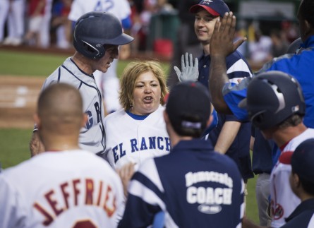 UNITED STATES - JUNE 13: Rep. Linda T. Sanchez, D-Calif., returns to her dugout during the Congressional Baseball game where the Democrats beat the Republicans 22-0 at Nationals Park. (Photo By Tom Williams/CQ Roll Call File Photo)