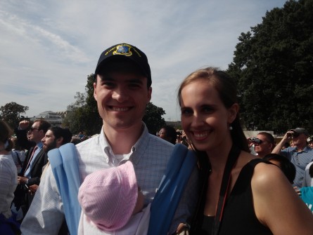 Peter and Carly Donohue, shown with their infant daughter, arrived bright and early on the West Front for Pope Francis’ speech to Congress. (Warren Rojas/CQ Roll Call)