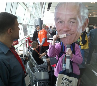 Paul supporter posing with commemorative chocolate bar