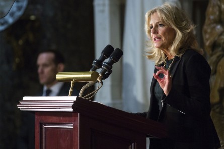 UNITED STATES - MARCH 2 - Dr. Jill Biden speaks while honoring women veterans for their service, in Statuary Hall on Capitol Hill, Wednesday, March 2, 2016. The recipient of an American flag flown over the U.S. Capitol, retired Air Force Brig. Gen. Wilma L. Vaught, was the first woman to deploy with an Air Force bomber unit and the first woman to reach the rank of brigadier general from the comptroller field. (Photo By Al Drago/CQ Roll Call)