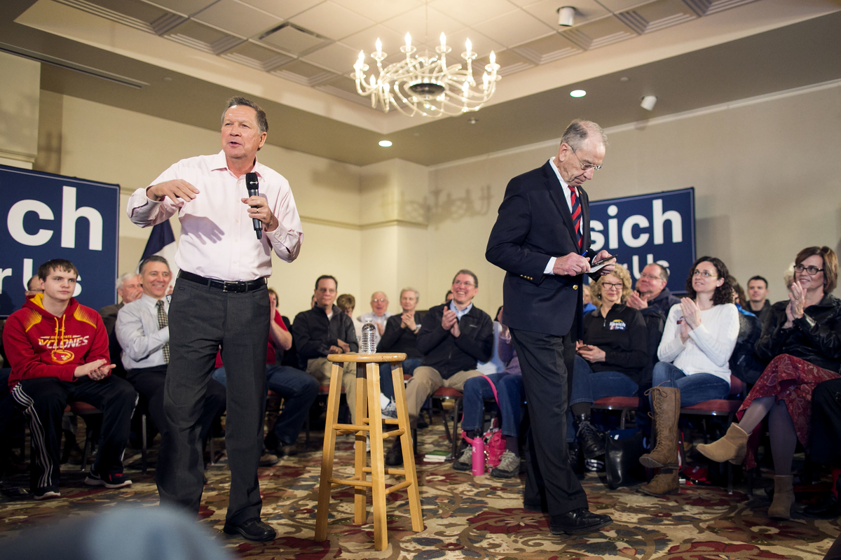 UNITED STATES - JANUARY 29 - Republican presidential candidate, Ohio Gov. John Kasich speaks as Sen. Charles Grassley, R-Iowa, departs during a campaign stop at the National Czech & Slovak Museum and Library, Friday, Jan. 29, 2016, in Cedar Rapids, Iowa. (Photo By Al Drago/CQ Roll Call)