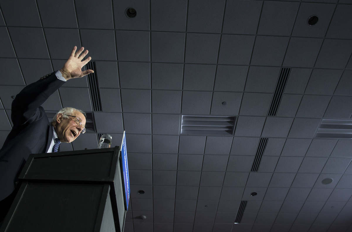 UNITED STATES - FEB 1. - Democratic presidential candidate Sen. Bernie Sanders, I-Vt., speaks at his caucus night rally at the Holiday Inn Des Moines Airport and Conference Center, on Monday, Feb. 1, 2016 in Des Moines, Iowa. (Photo By Al Drago/CQ Roll Call)