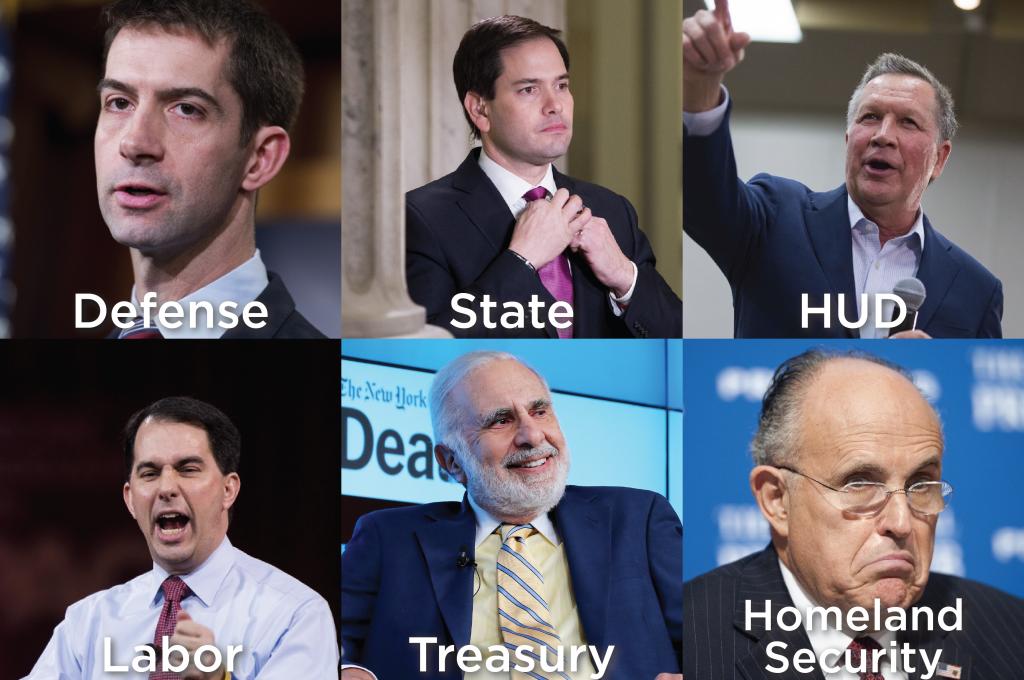 Clockwise from top left: Tom Cotton, Marco Rubio, John Kasich, Rudy Giuliani, Carl Icahn and Scott Walker (Credit CQ Roll Call, Getty Images)