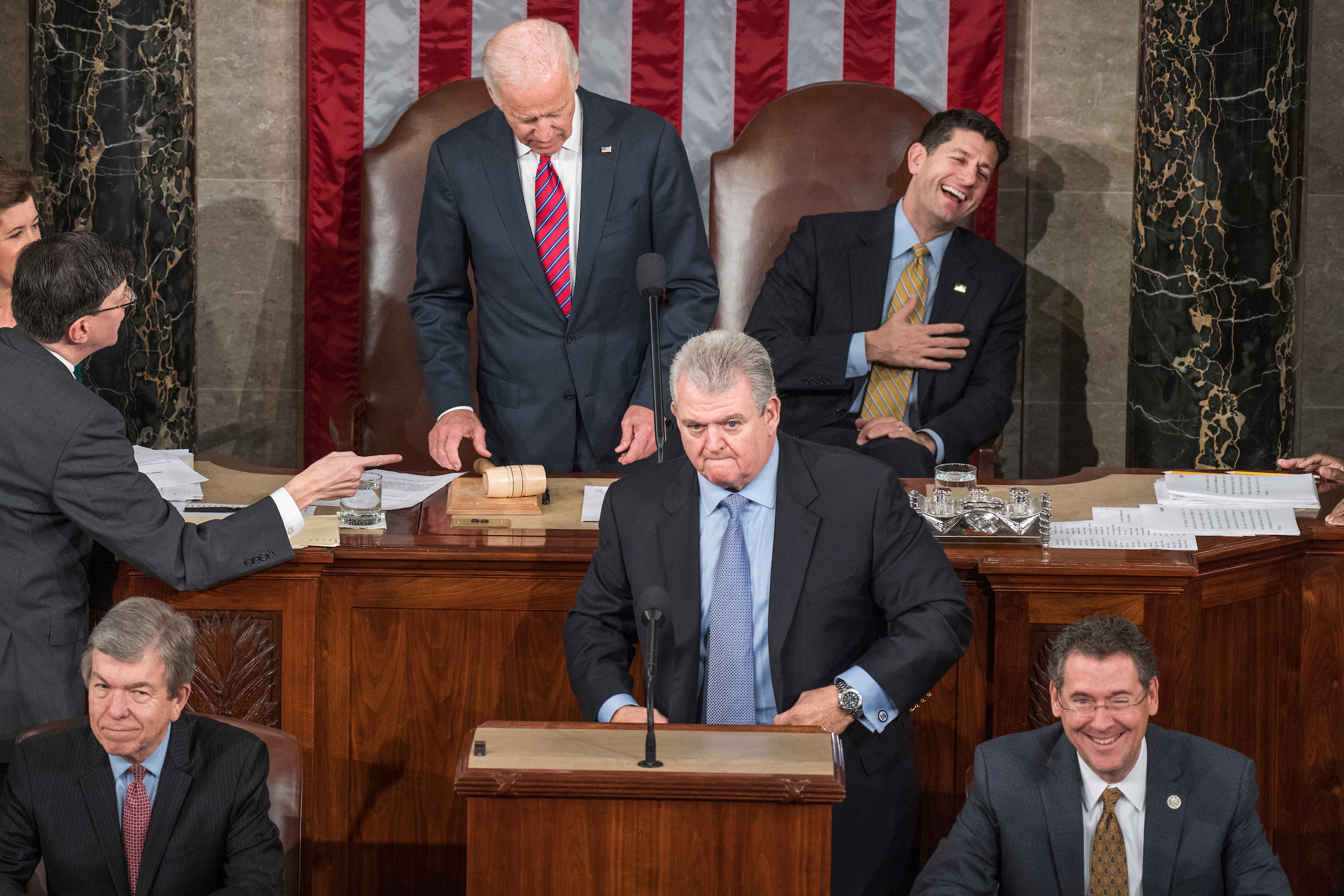 House Speaker Paul D. Ryan, top right, reacts as Vice President Joseph R. Biden Jr., top left, puts down an objection by a Democratic House member to the Electoral College count, during a joint session of Congress to tally the electoral ballots for U.S. president and vice president on Friday. (Tom Williams/CQ Roll Call)