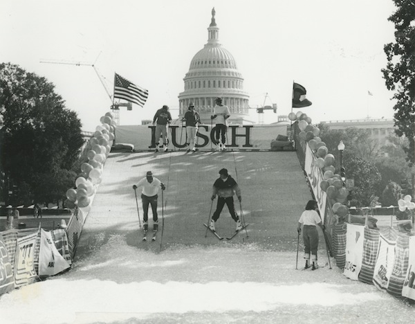 Members ski on the Hill in promotional event, 1980's.