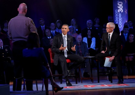 Obama listens to a question from Arizona Sheriff Paul Babeu during Thursday's town hall. (Aude Guerrucci/Pool/Getty Images)