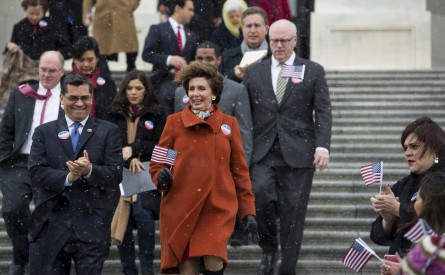 Democrats, who recently gathered on the Capitol steps in support of immigration, are using committee hearings to continue to push for the issue. (Bill Clark/CQ Roll Call)