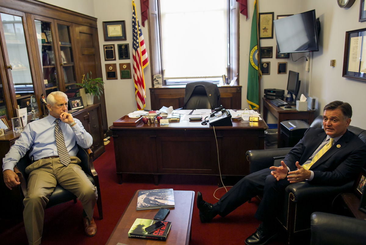 UNITED STATES - JULY 28: Rep. David Reichert, R-Wash., left, and Rep. Luke Messer, R-Ind., speak during an interview in the Longworth House Office Building on Capitol Hill, Tuesday, July 28, 2015. Reichert is the previous Sheriff of King County, Wash. and is working to improve community policing. (Photo By Al Drago/CQ Roll Call)