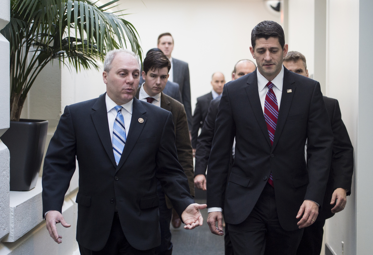 UNITED STATES - JANUARY 6: House Majority Whip Steve Scalise, R-La., left, speaks with Speaker of the House Paul Ryan, R-Wis., following the House Republican Conference meeting in the Capitol on Wednesday, Jan. 6, 2016. (Photo By Bill Clark/CQ Roll Call)