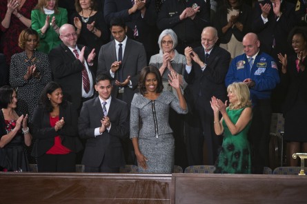 First Lady Michelle Obama arrives in the Capitol's House chamber for the president's 2015 State of the Union address. (Tom Williams/CQ Roll Call File Photo)