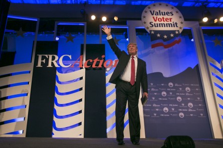 UNITED STATES - September 25: Republican presidential candidate Donald Trump aves to the crowd while holding his bible after speaking at the Values Voters Summit at the Omni Shoreham hotel in Washington D.C., Friday, September 25, 2015. (Photo By Al Drago/CQ Roll Call)