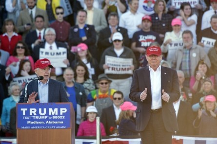 Sen. Jeff Sessions, R-Ala. (L), endorses Donald Trump to be the Republican nominee for president during a rally in Madison, Ala., on Sunday. (Photo By Tom Williams/CQ Roll Call)