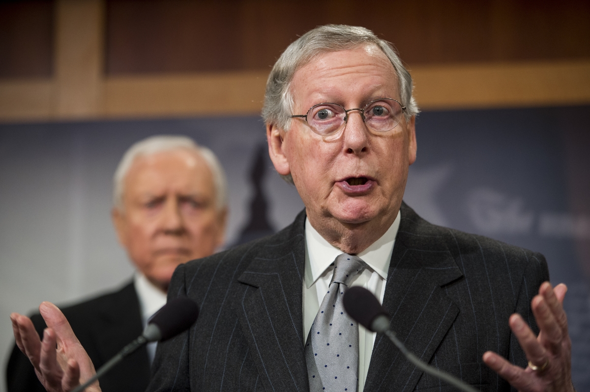 UNITED STATES - FEBRUARY 11: Senate Majority Leader Mitch McConnell, R-Ky., speaks during the Senate Republicans' news conference on the
