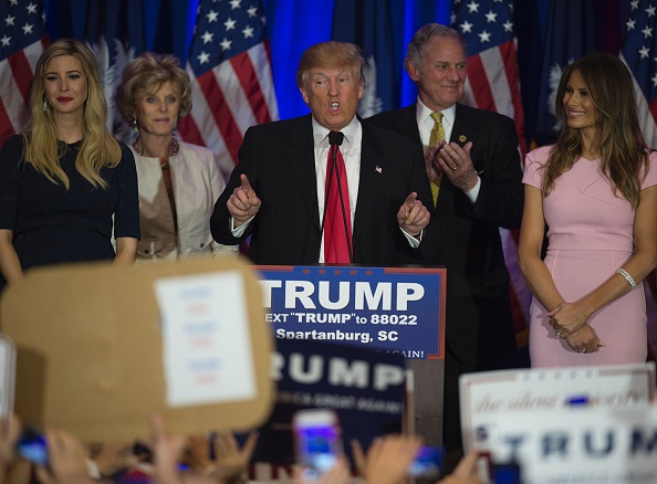 Republican presidential candidate Donald Trump celebrates winning the South Carolina primary in Spartanburg, South Carolina, February 20, 2016.  Republican presidential frontrunner Donald Trump grabbed a big win in the South Carolina primary on February 20, 2016. The 69-year-old Trump captured about a third of the votes, according to early counts, but all major networks projected he was the winner. / AFP / JIM WATSON        (Photo credit should read JIM WATSON/AFP/Getty Images)