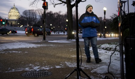 The Weather Channel's Jim Cantore broadcasts news about the impending blizzard in Washington in front of the Capitol on Jan. 21. (Bill Clark/CQ Roll Call)